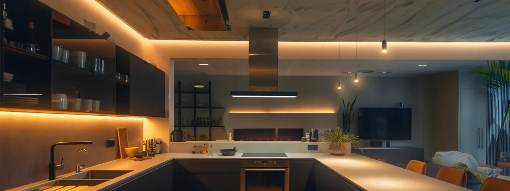 a modern kitchen illuminated by smart ceiling lights, casting a warm and inviting glow over a sleek and stylish design.