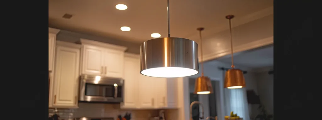 a sleek, brushed nickel pendant light hanging over a marble kitchen island with warm white recessed lighting illuminating the surrounding area.