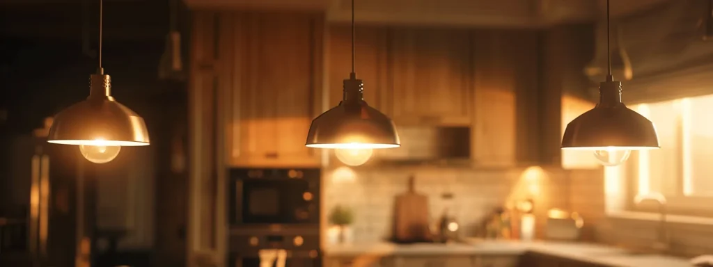 a sleek, contemporary kitchen flooded with warm, inviting light from stylish ceiling fixtures.
