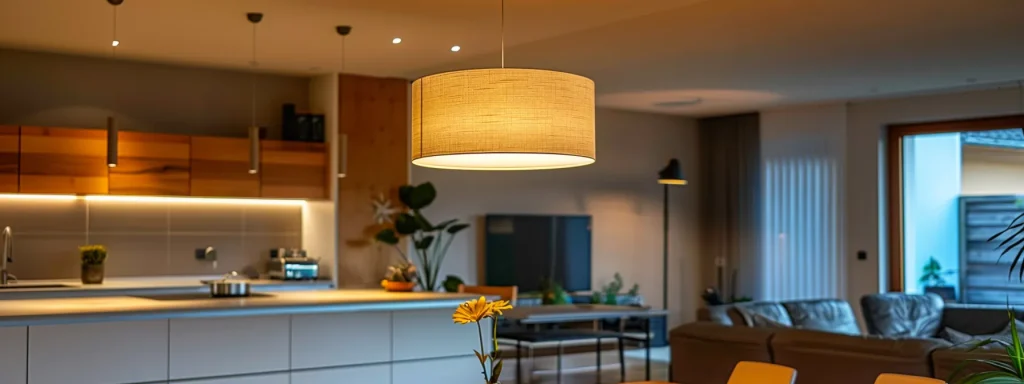 a sparkling, modern ceiling light fixture hanging above a sleek kitchen island, illuminating the space with a warm and inviting glow.