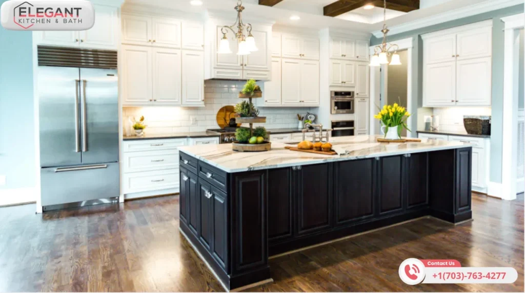 Luxury Kitchen Marble Countertops a modern, minimalist kitchen island bathed in soft, warm light from sleek, elegant pendant fixtures.